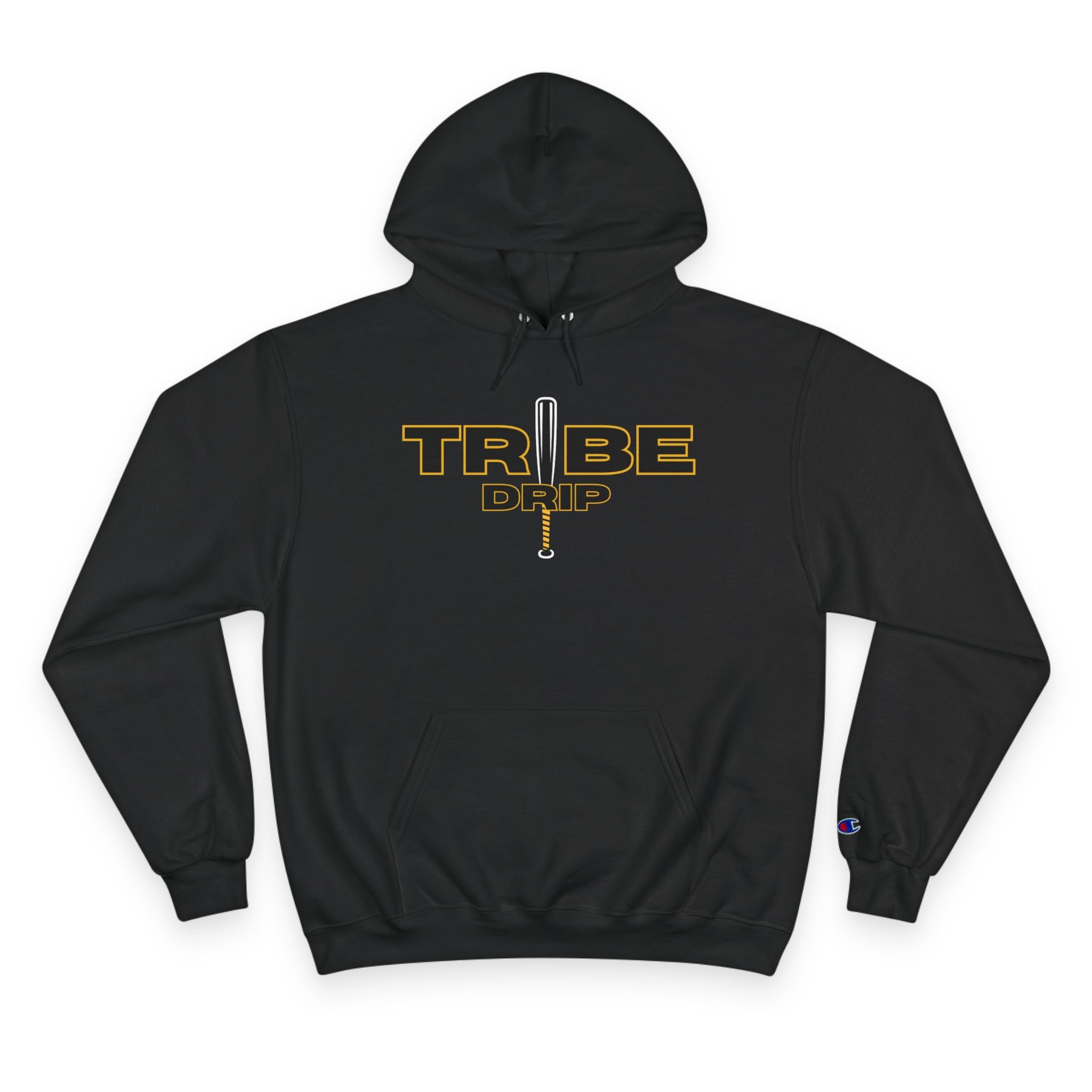 Tribe Drip Hoodie – Black Champion-Style Pullover with Gold Sword Logo