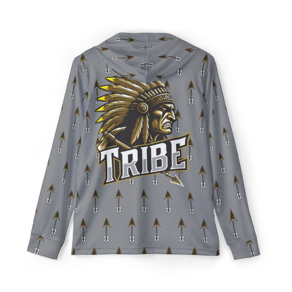 Grey Tribe Arrow Pattern Hoodie — Athletic Warmup Pullover with 'Tribe' Chief Logo