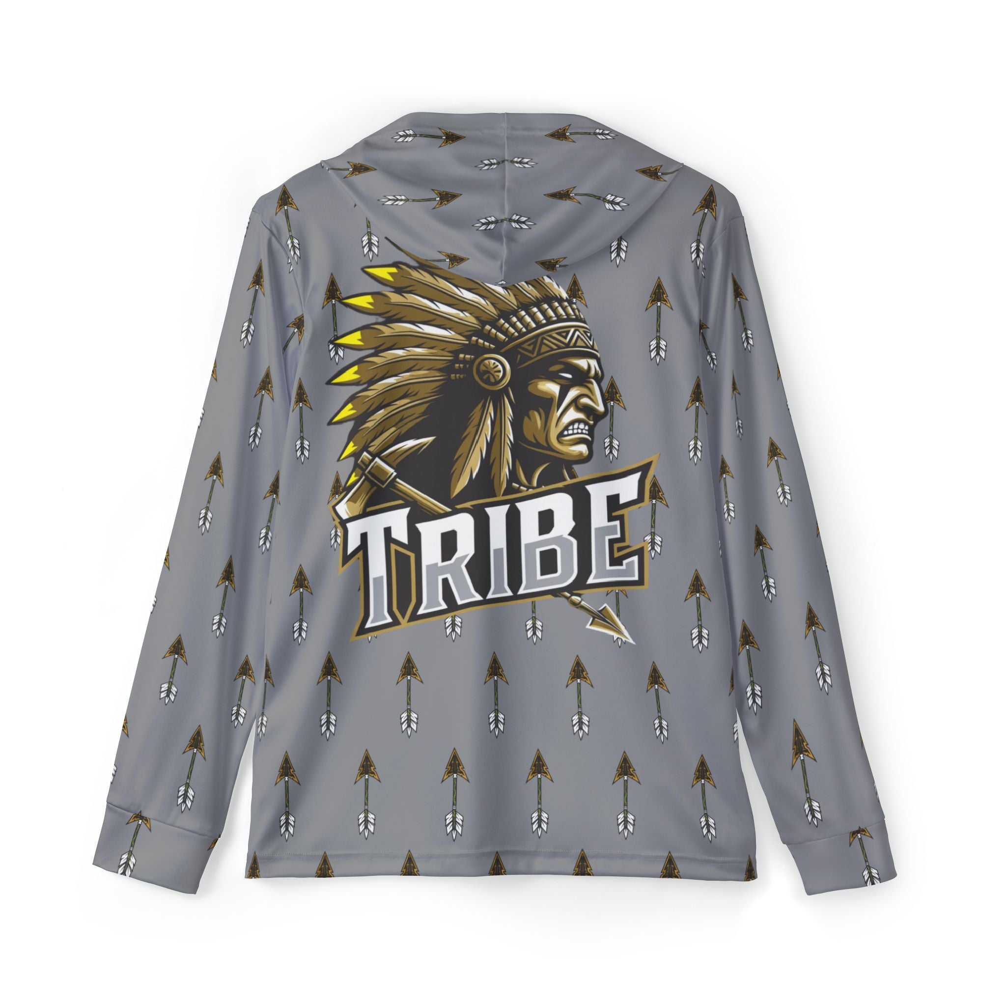 Grey Tribe Arrow Pattern Hoodie — Athletic Warmup Pullover with 'Tribe' Chief Logo