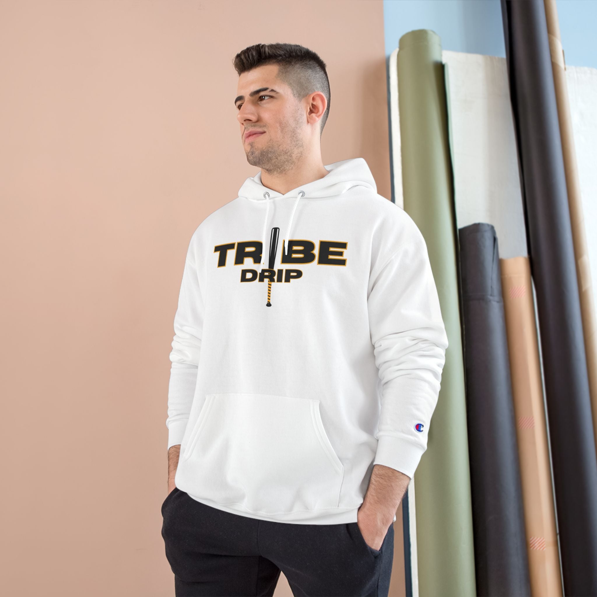 Tribe Drip Hoodie – Black Champion-Style Pullover with Gold Sword Logo