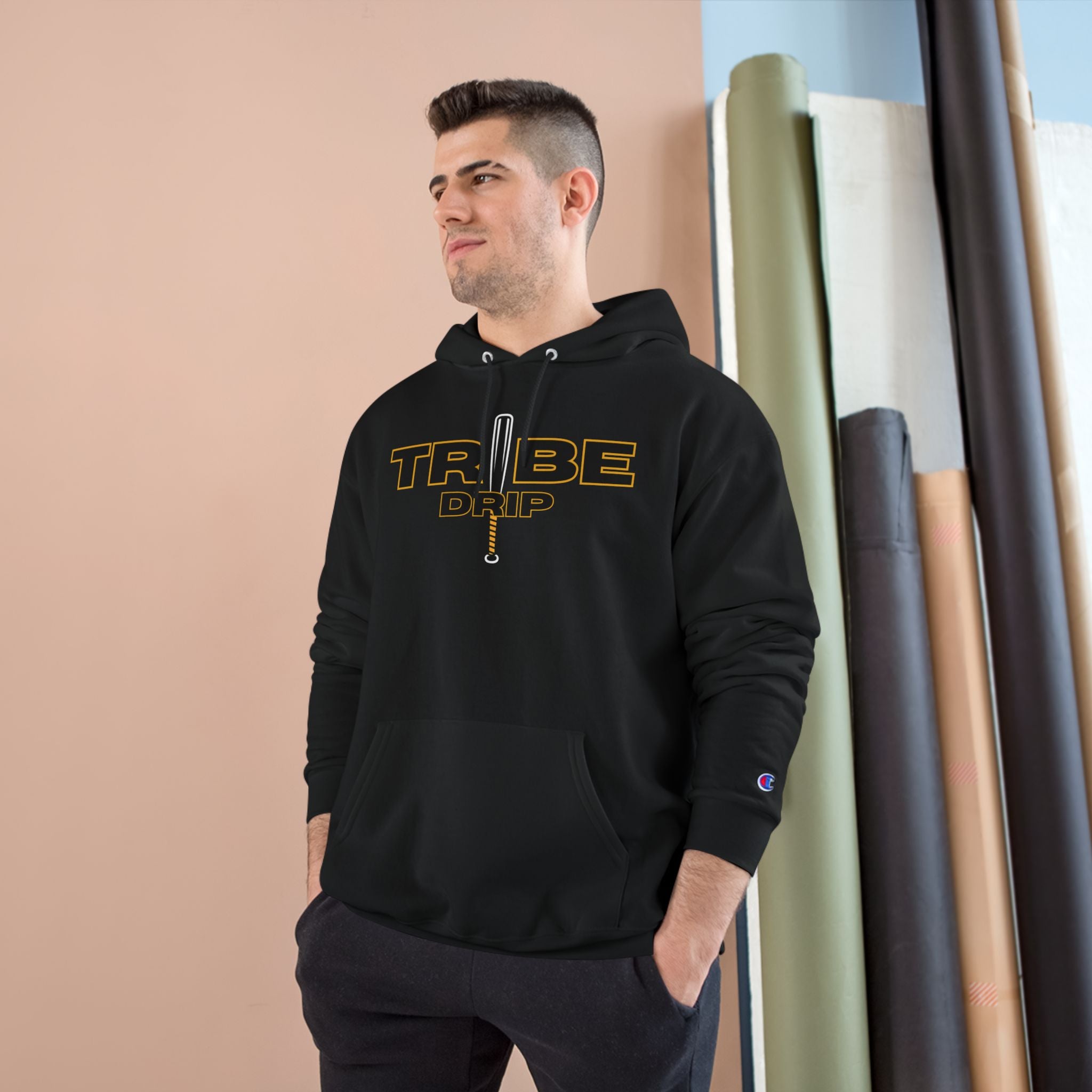 Tribe Drip Hoodie – Black Champion-Style Pullover with Gold Sword Logo