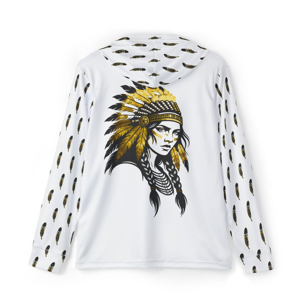 White Maiden Mascot Sports Hoodie — Feathered Chief Graphic Warmup Pullover