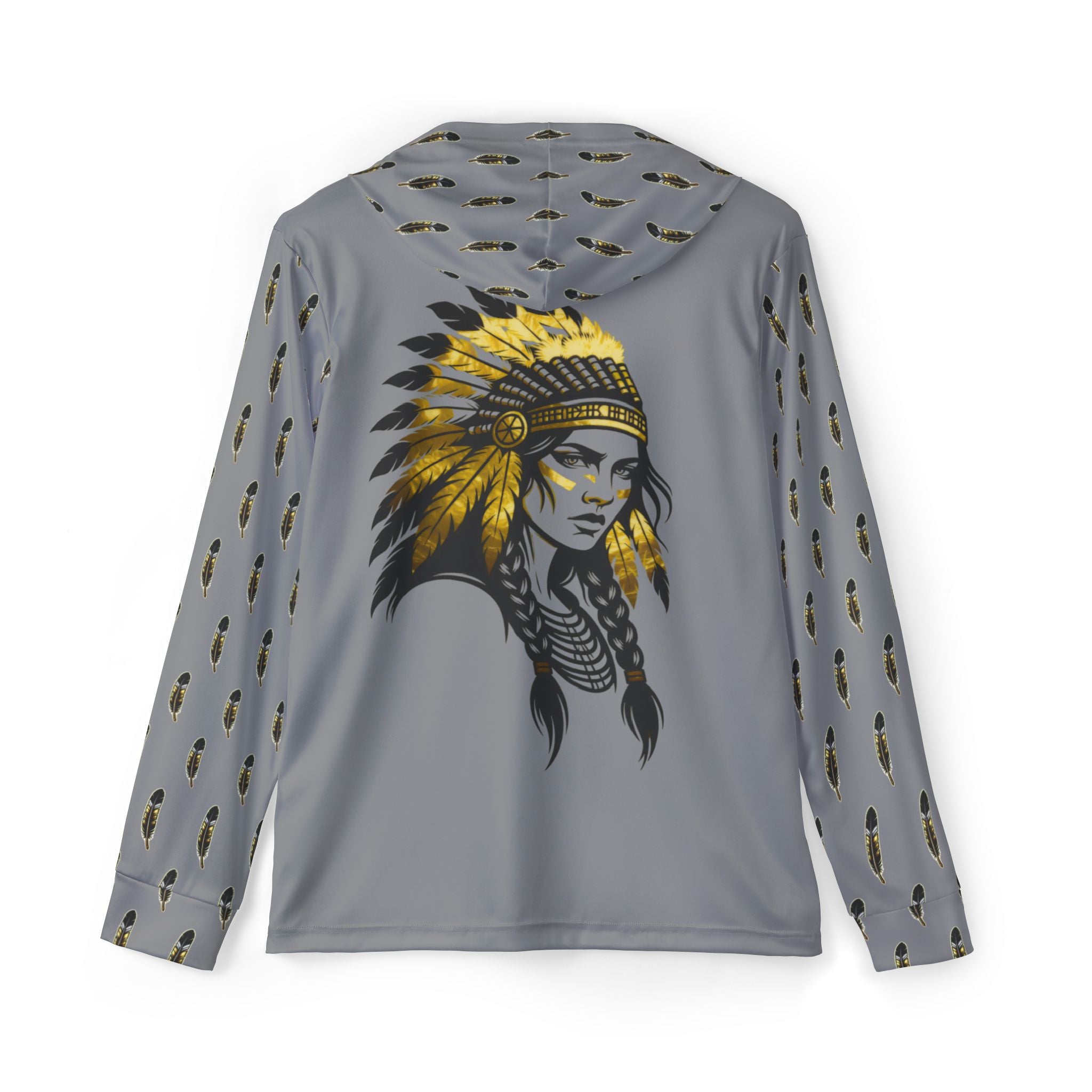 Grey Maiden Mascot Sports Hoodie — Feathered Chief Graphic Warmup Pullover