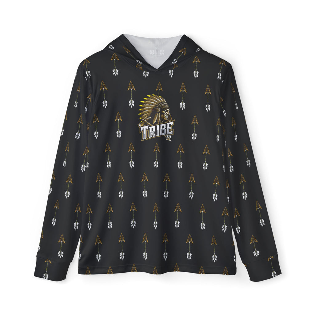 Black Tribe Arrow Pattern Hoodie — Athletic Warmup Pullover with 'Tribe' Chief Logo