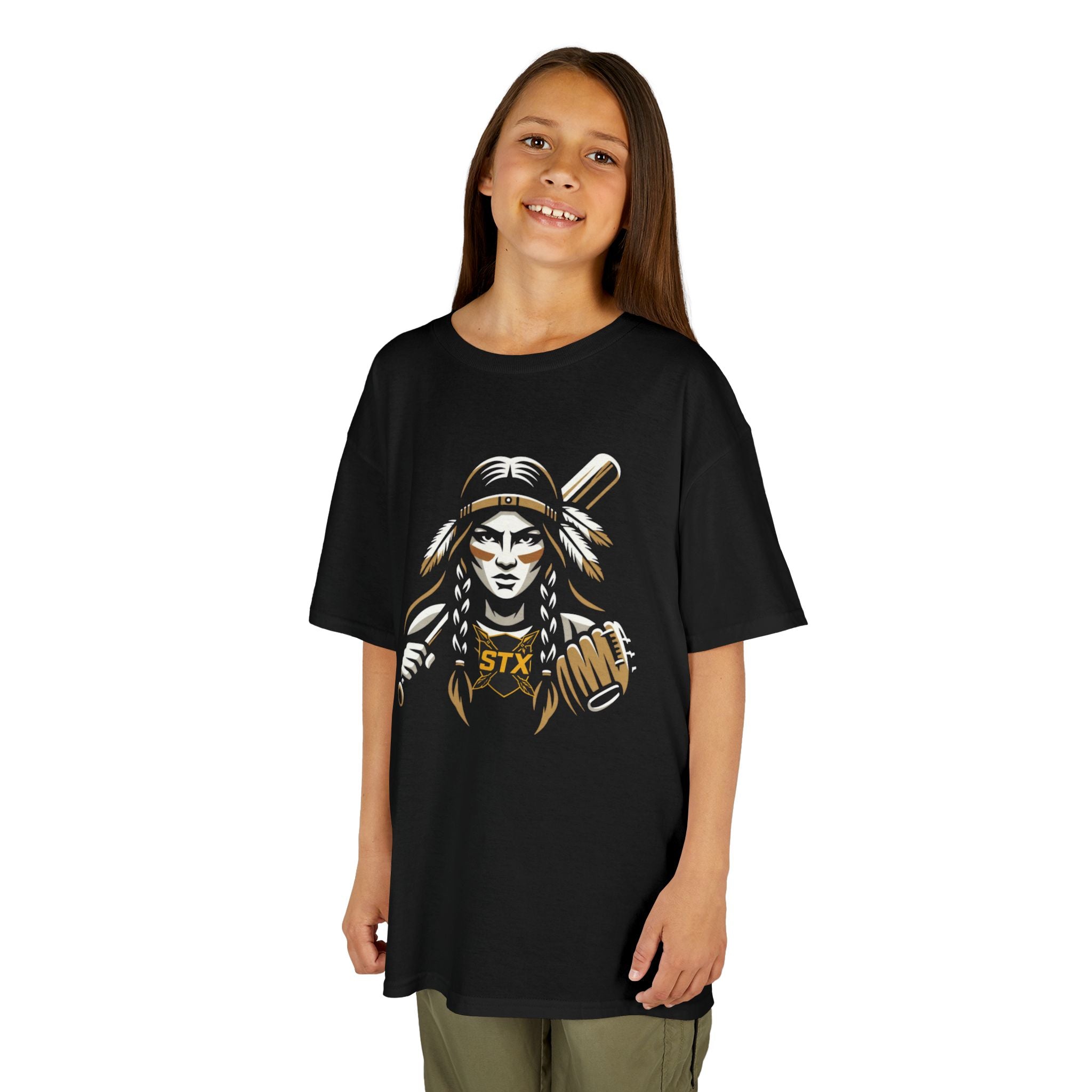 Kids T-Shirt — Cute Girl Illustration with 'STX' Heart, Playful Gold Accent Tee