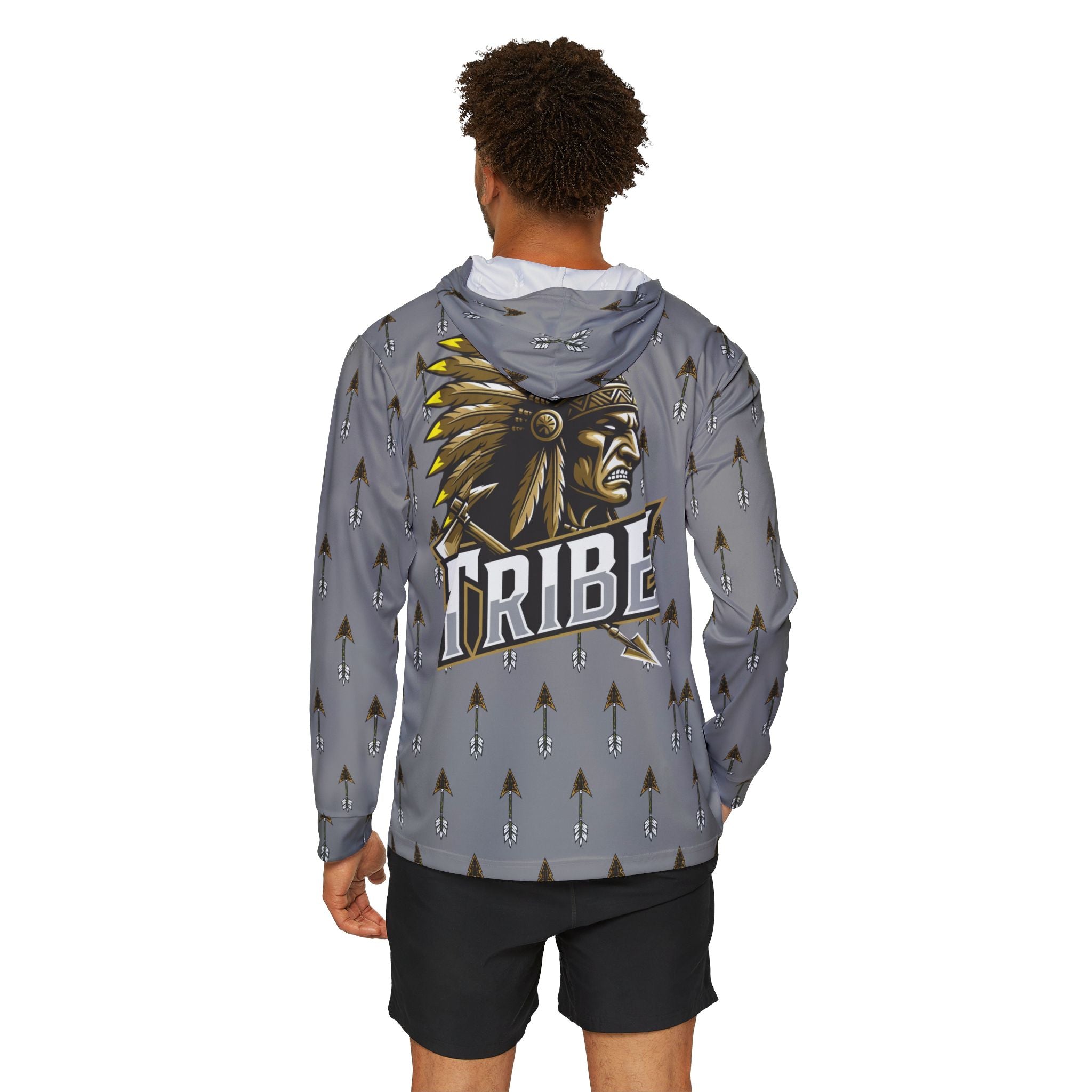 Grey Tribe Arrow Pattern Hoodie — Athletic Warmup Pullover with 'Tribe' Chief Logo