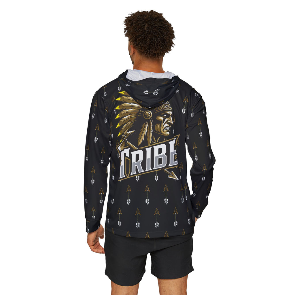 Black Tribe Arrow Pattern Hoodie — Athletic Warmup Pullover with 'Tribe' Chief Logo