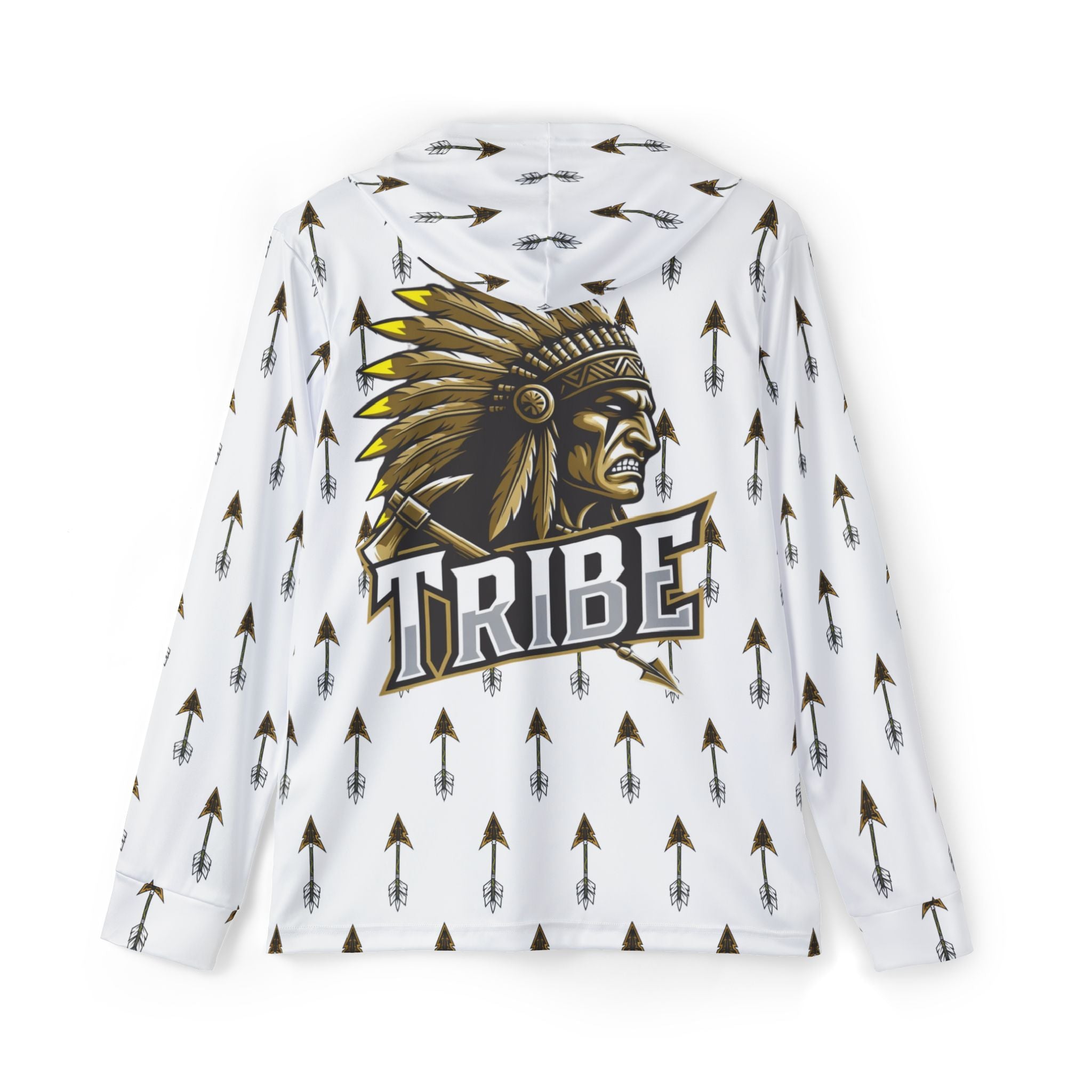 Tribe Arrow Pattern Hoodie — Athletic Warmup Pullover with 'Tribe' Chief Logo