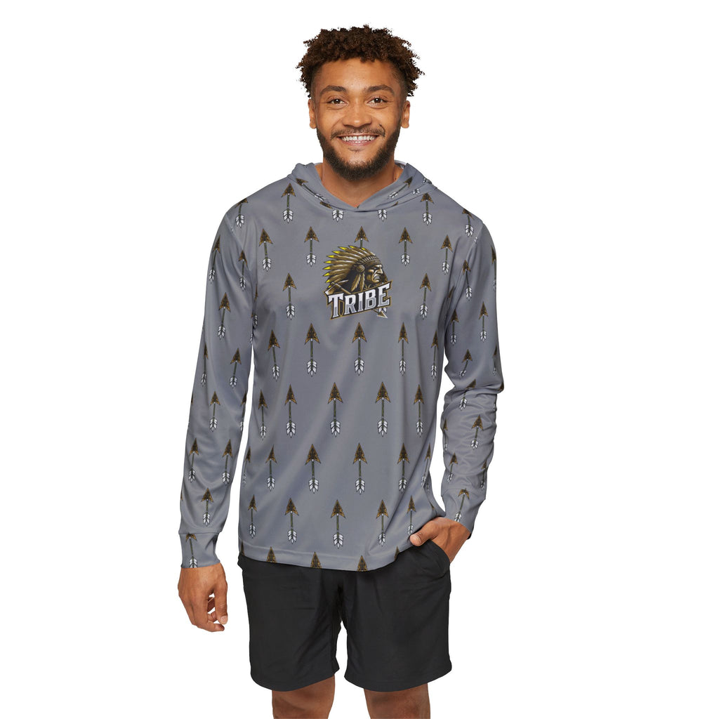 Grey Tribe Arrow Pattern Hoodie — Athletic Warmup Pullover with 'Tribe' Chief Logo