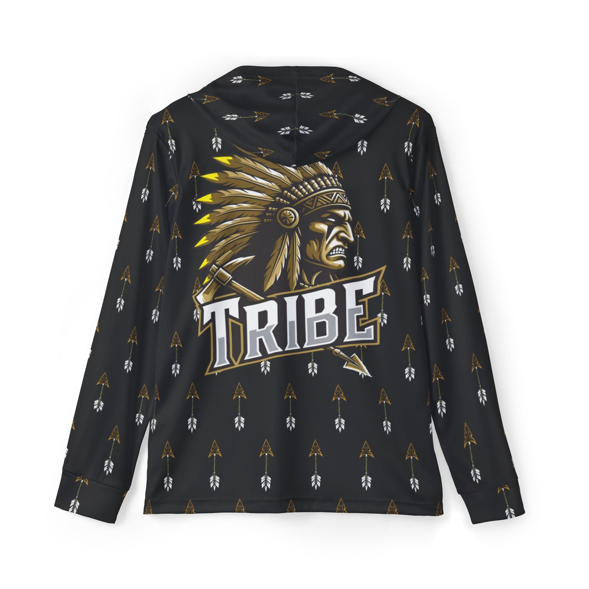 Black Tribe Arrow Pattern Hoodie — Athletic Warmup Pullover with 'Tribe' Chief Logo