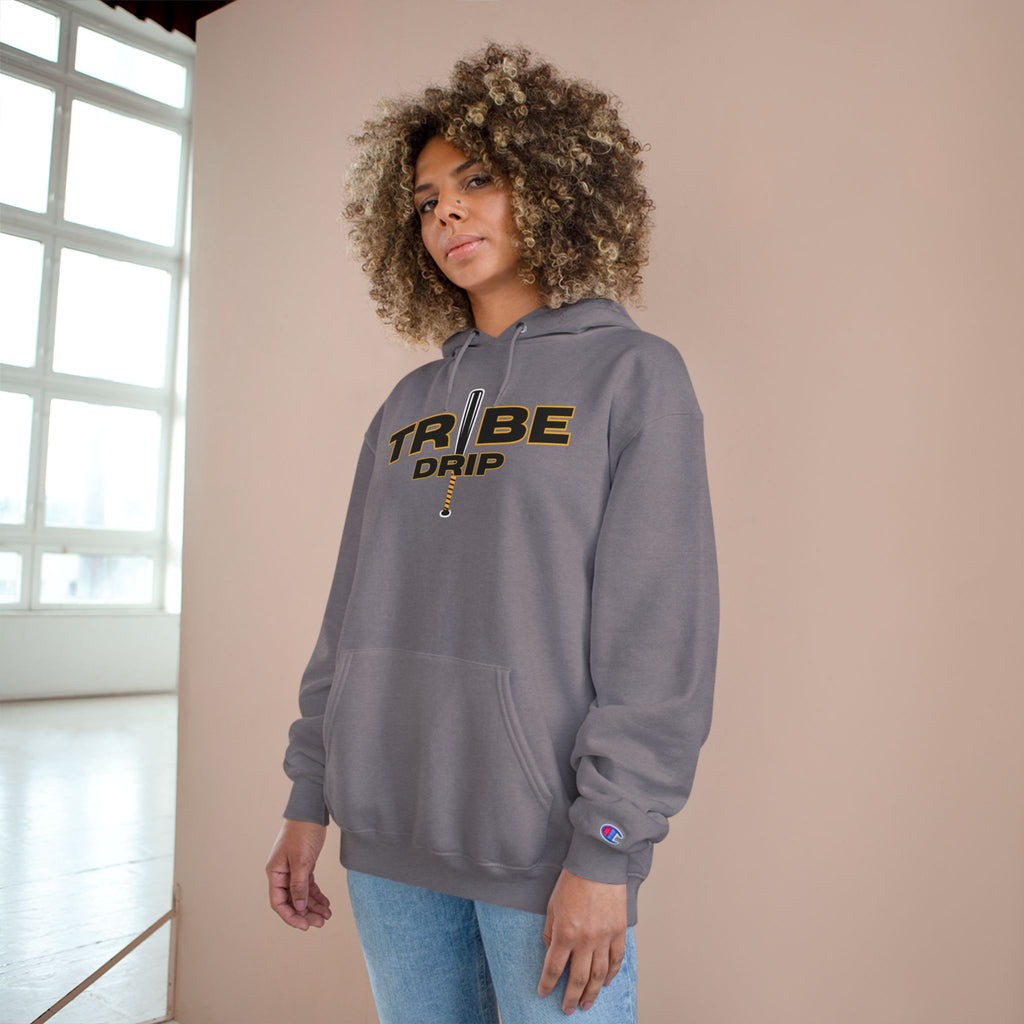 Tribe Drip Hoodie – Black Champion-Style Pullover with Gold Sword Logo