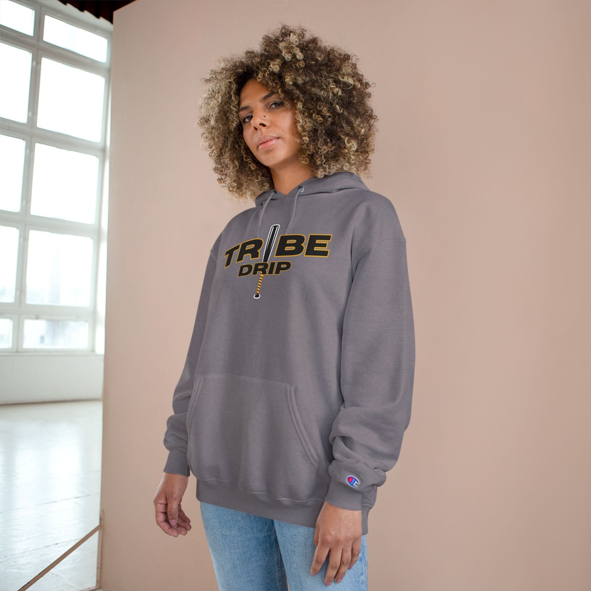 Tribe Drip Hoodie – Black Champion-Style Pullover with Gold Sword Logo