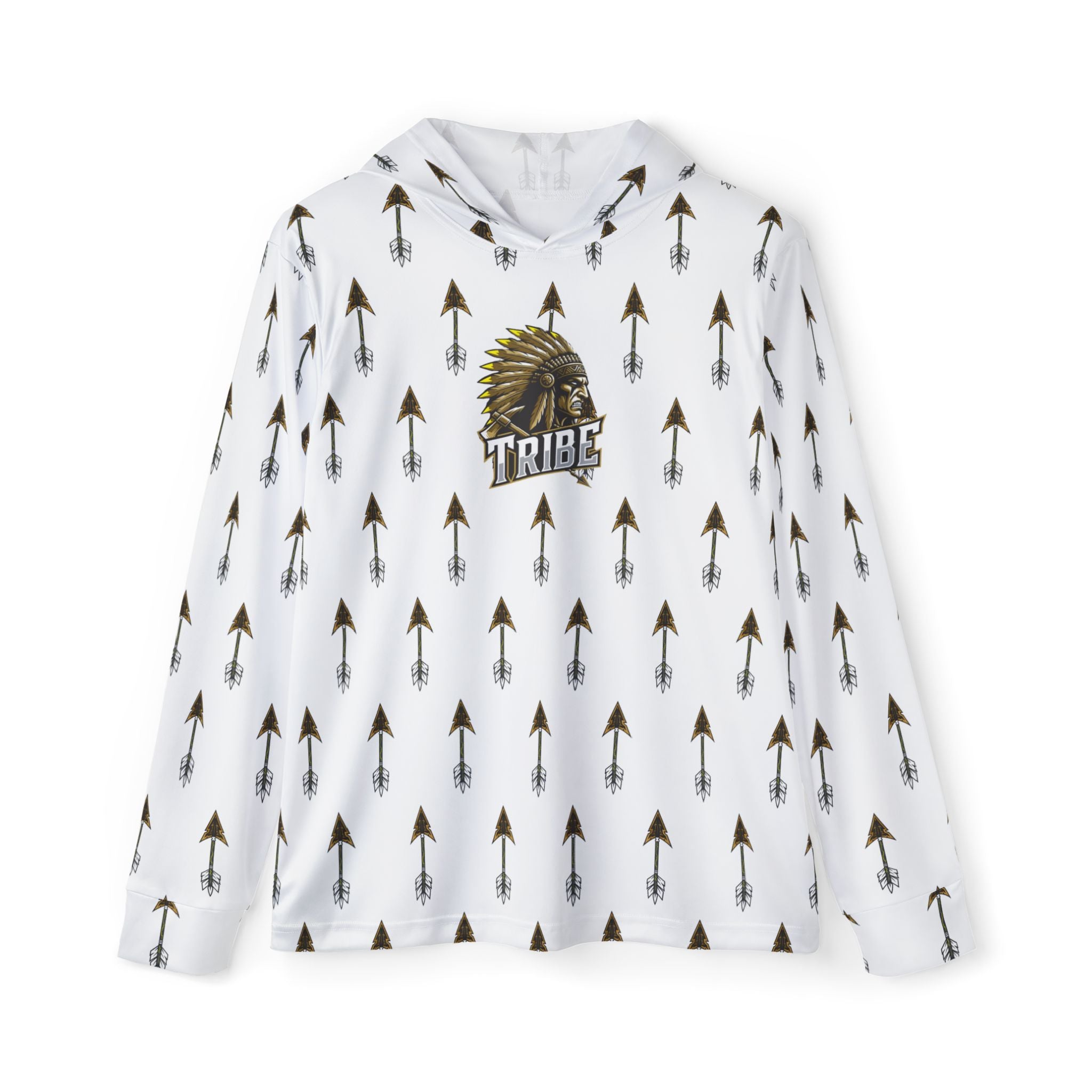 Tribe Arrow Pattern Hoodie — Athletic Warmup Pullover with 'Tribe' Chief Logo