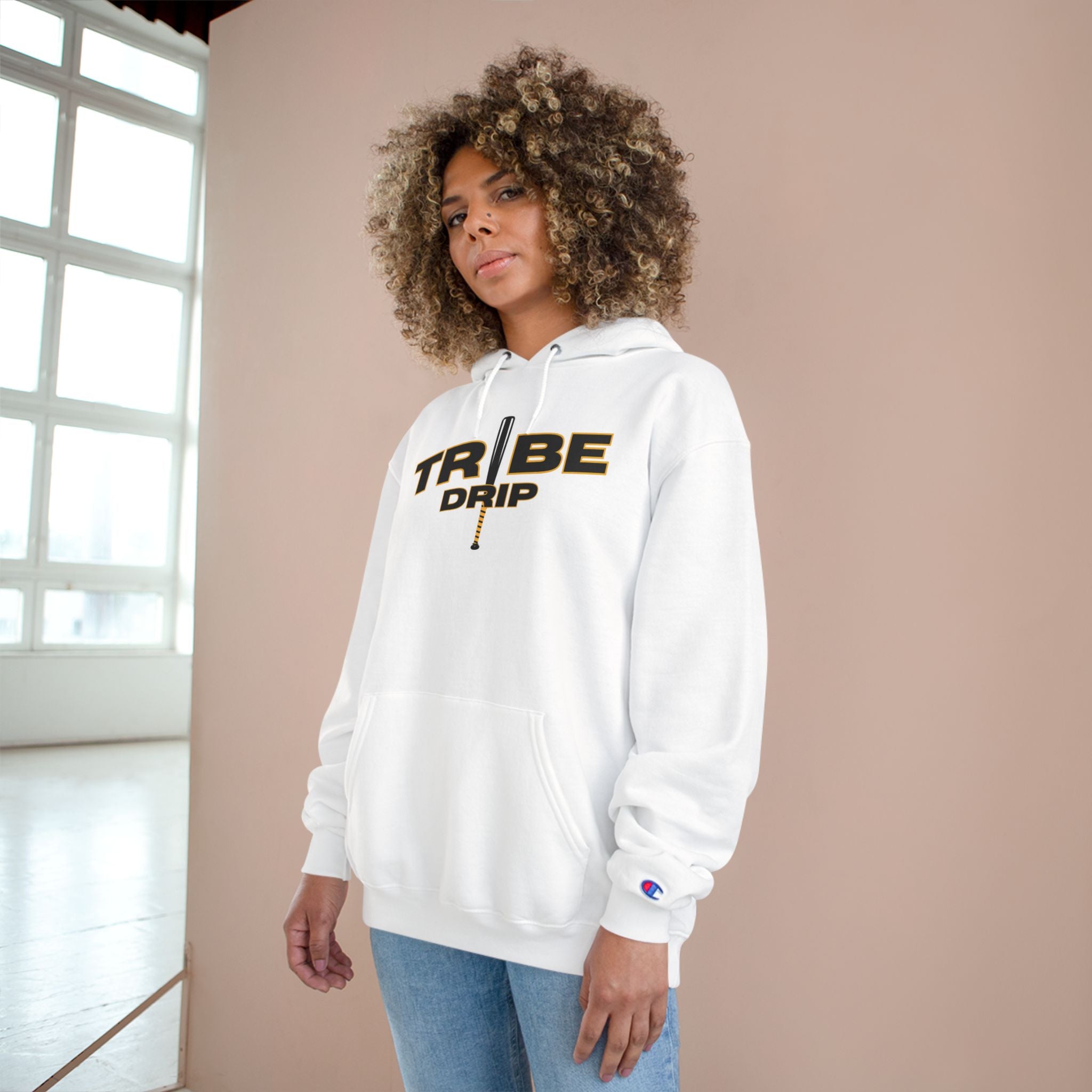 Tribe Drip Hoodie – Black Champion-Style Pullover with Gold Sword Logo