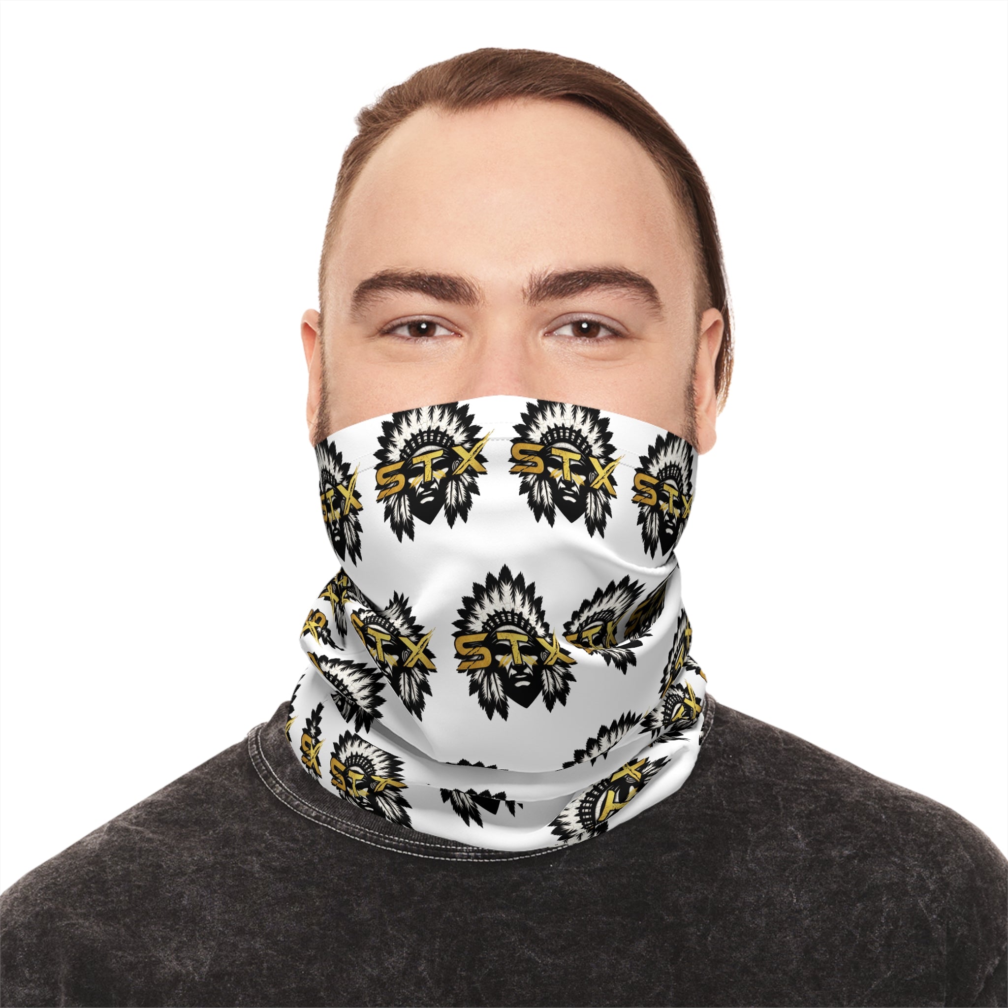 Lightweight Neck Gaiter — Black & Gold Tribal Sun Pattern