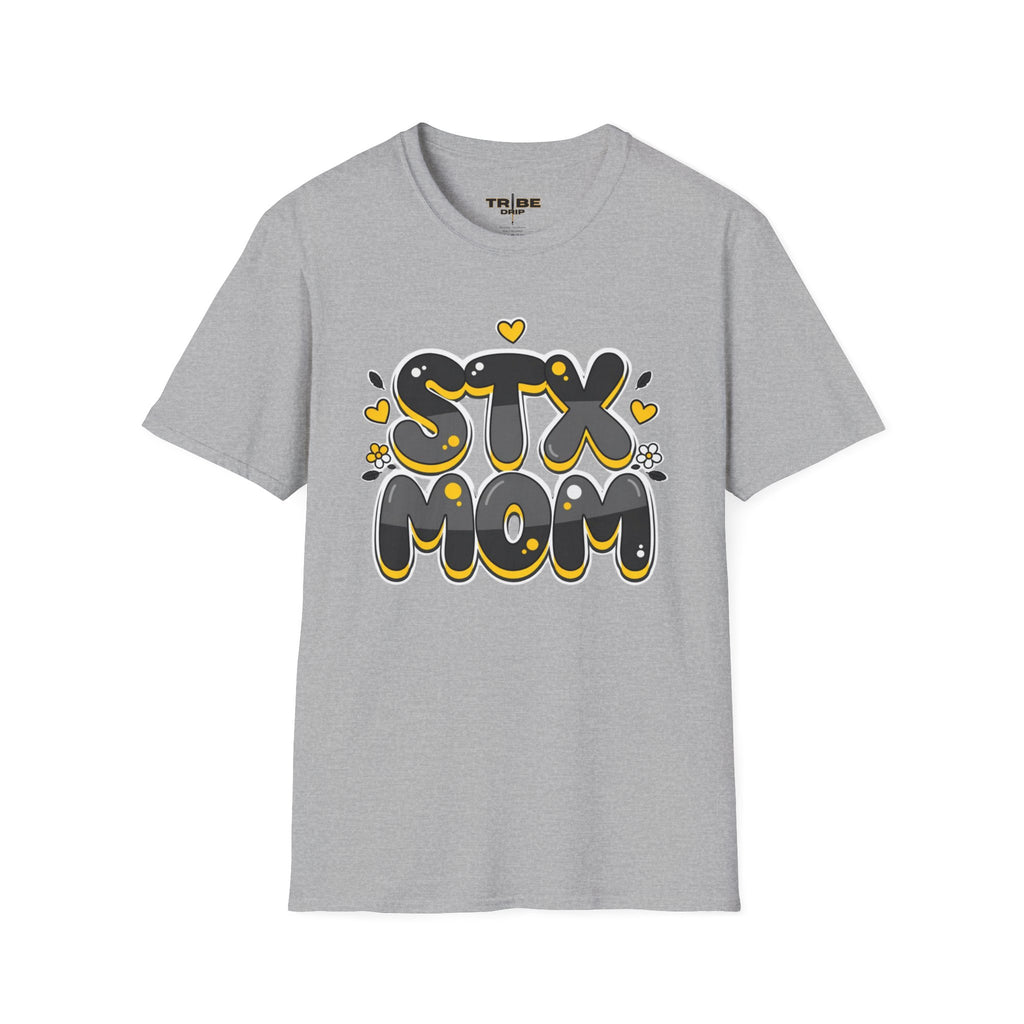 STX Mom Graphic T-Shirt — Retro Bubble Letter Mom Tee (Black & Yellow)