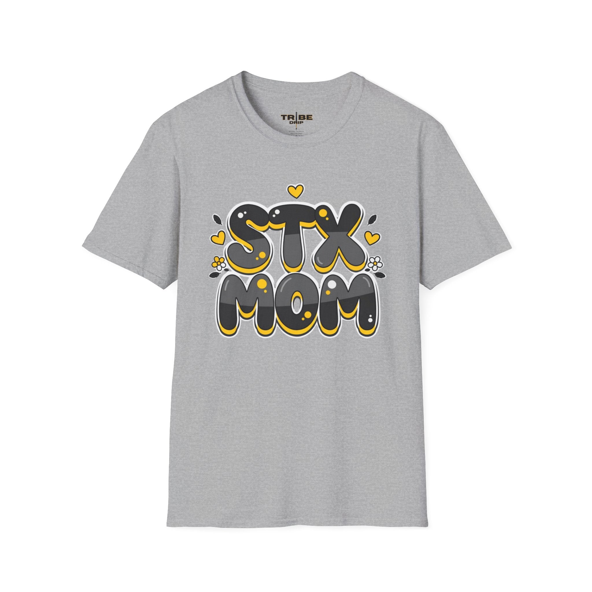 STX Mom Graphic T-Shirt — Retro Bubble Letter Mom Tee (Black & Yellow)