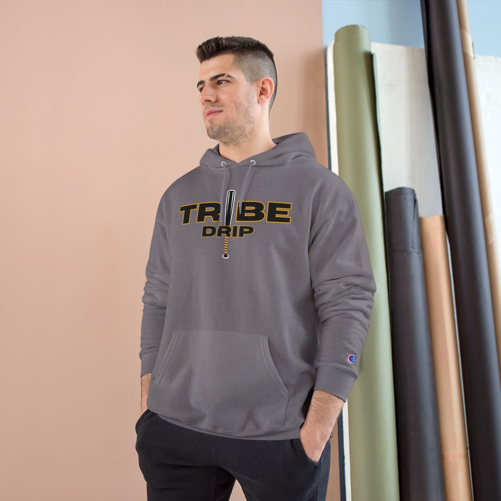 Tribe Drip Hoodie – Black Champion-Style Pullover with Gold Sword Logo