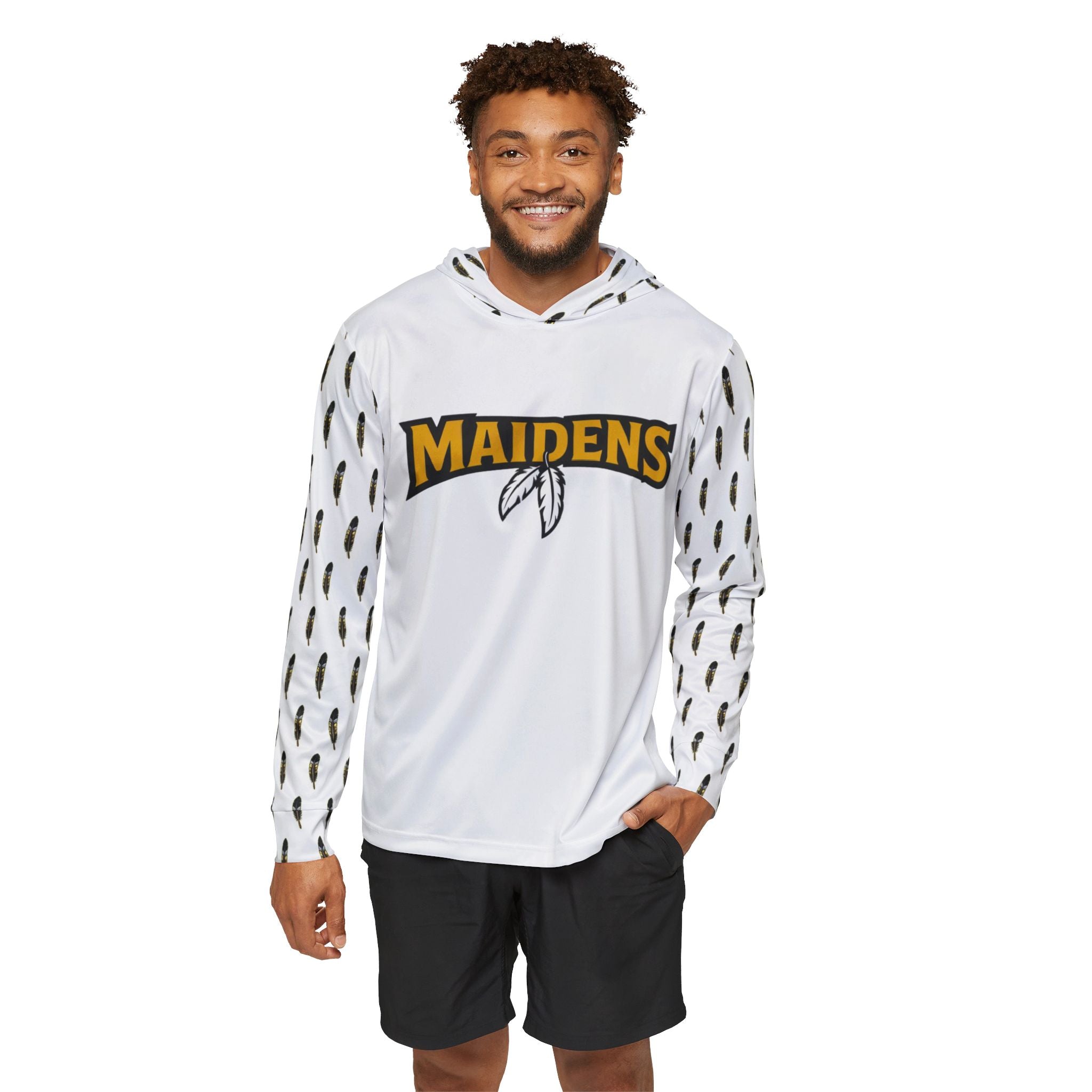 White Maiden Mascot Sports Hoodie — Feathered Chief Graphic Warmup Pullover