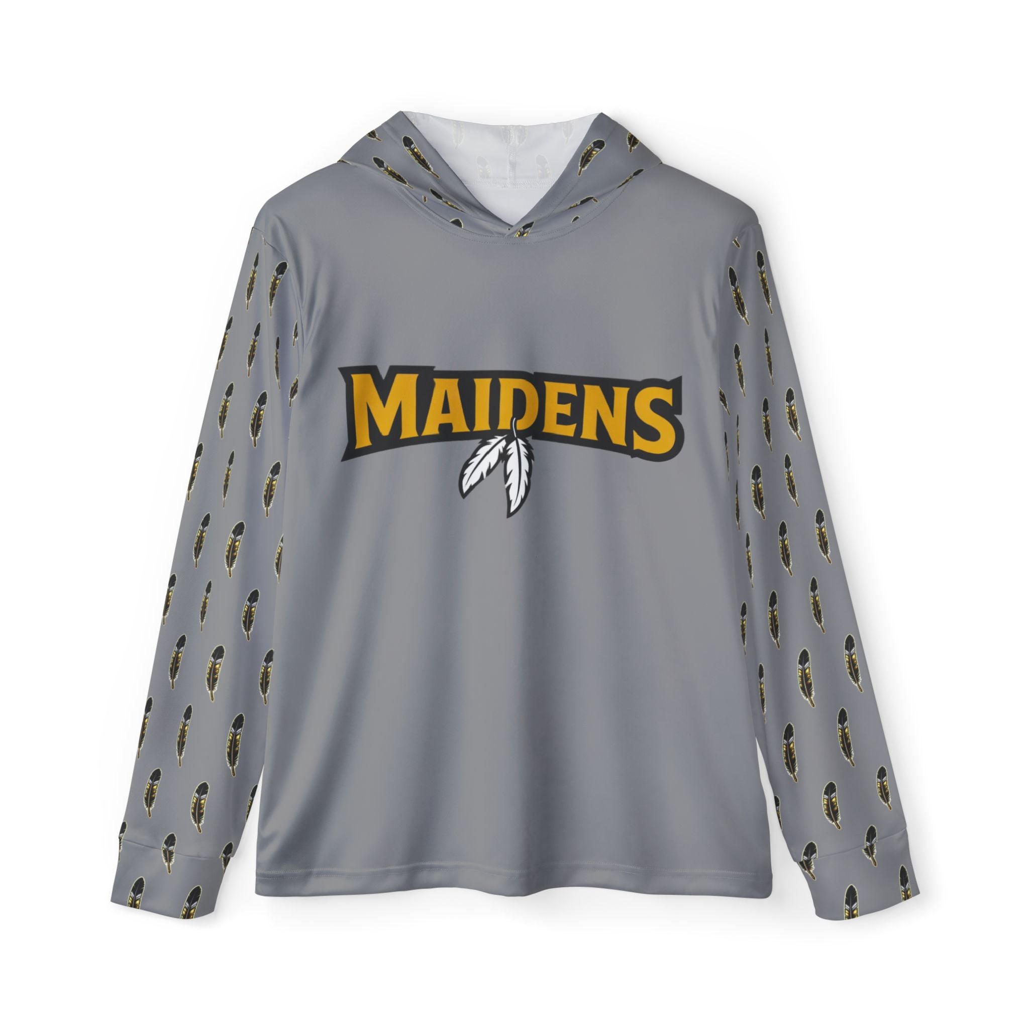 Grey Maiden Mascot Sports Hoodie — Feathered Chief Graphic Warmup Pullover