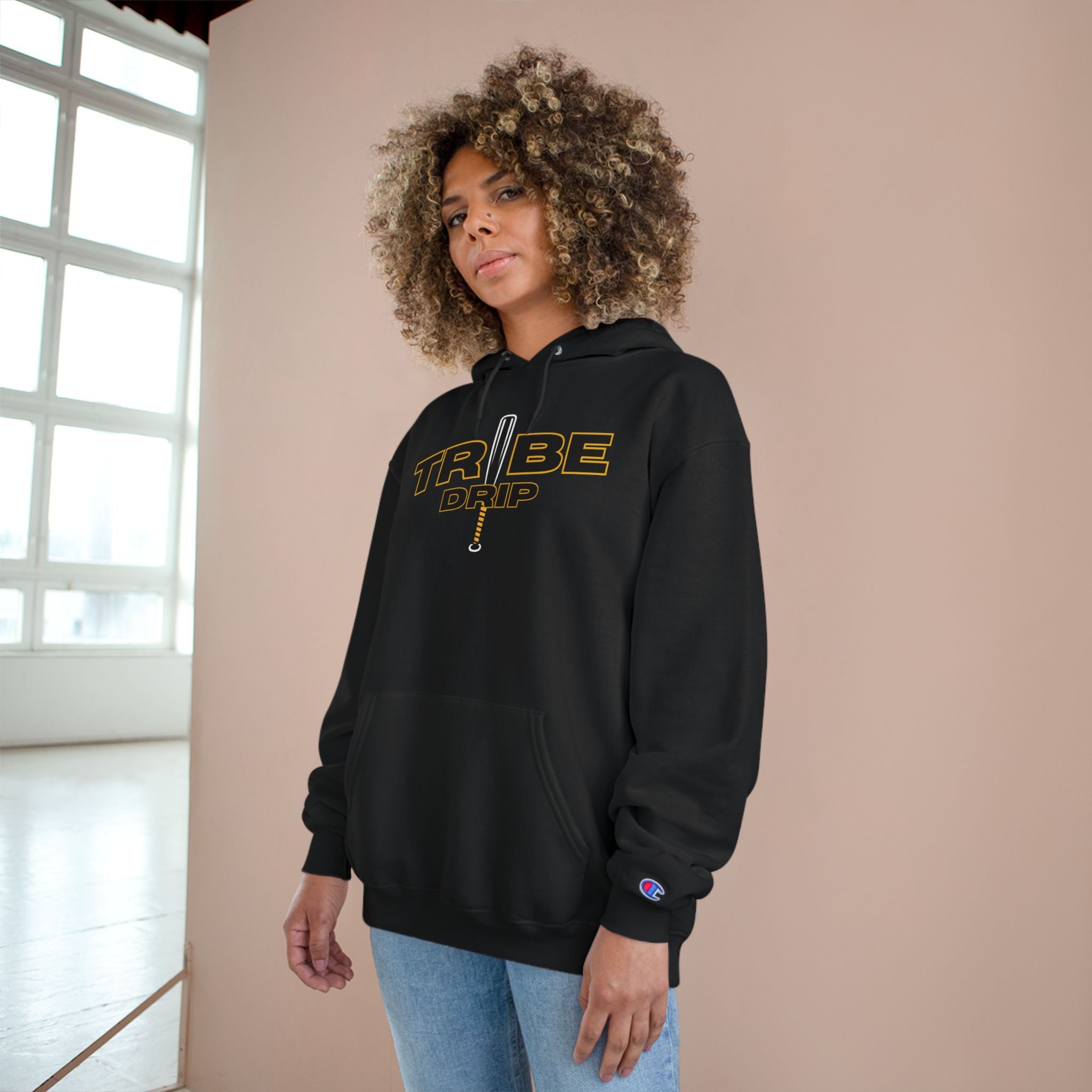 Tribe Drip Hoodie – Black Champion-Style Pullover with Gold Sword Logo