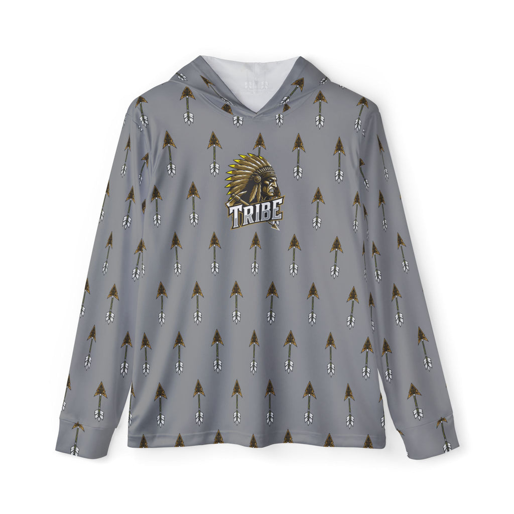 Grey Tribe Arrow Pattern Hoodie — Athletic Warmup Pullover with 'Tribe' Chief Logo