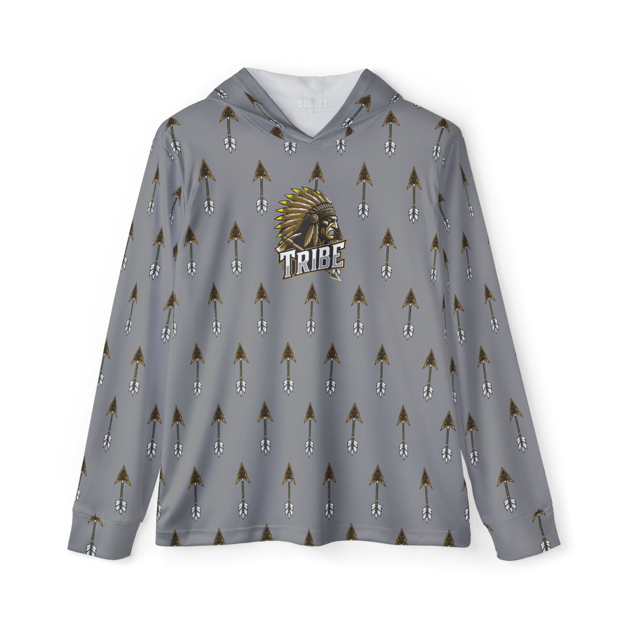 Grey Tribe Arrow Pattern Hoodie — Athletic Warmup Pullover with 'Tribe' Chief Logo
