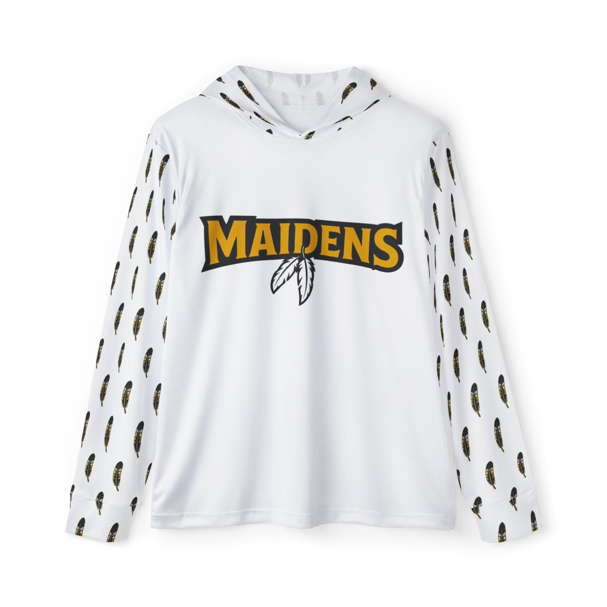 White Maiden Mascot Sports Hoodie — Feathered Chief Graphic Warmup Pullover